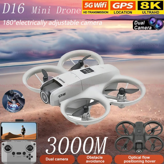 2025 NEW D16 Drone with 180° Electric Adjustable 8K HD Camera WiFi Light Flow Obstacle Avoidance RC Quadcopter Toy Gift for Kid
