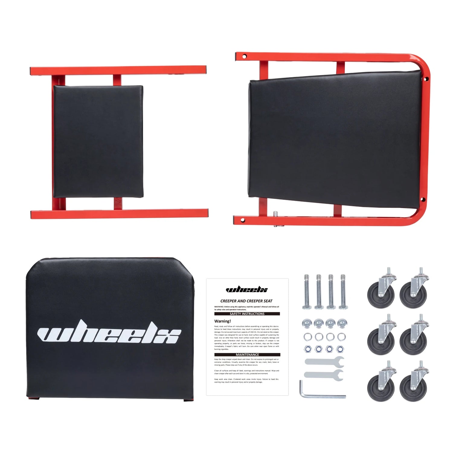 3-in-1 Rolling Mechanic Creeper Z Seat, Foldable Garage Chair Lay Down Sit Lean Back, Under Car Shop Auto Repair, Red Black