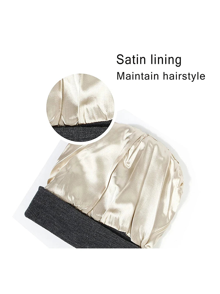 2Pcs Unisex Satin Lined Knit Beanie Hat Acrylic Winter Hats for Women Silk Lining Soft Slouchy Warm Cuffed SKullies Cap Men