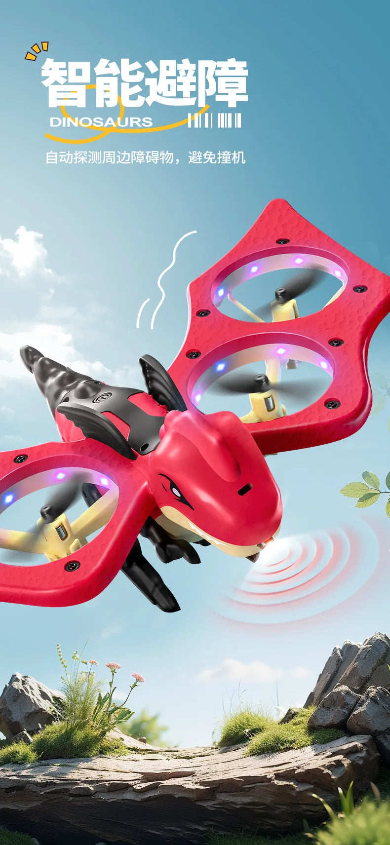 4DRC V48 Quadrotor Drone with Gravity Obstacle Avoidance Dinosaur Design Remote Control Foam Simulation Educational Toy for Kids