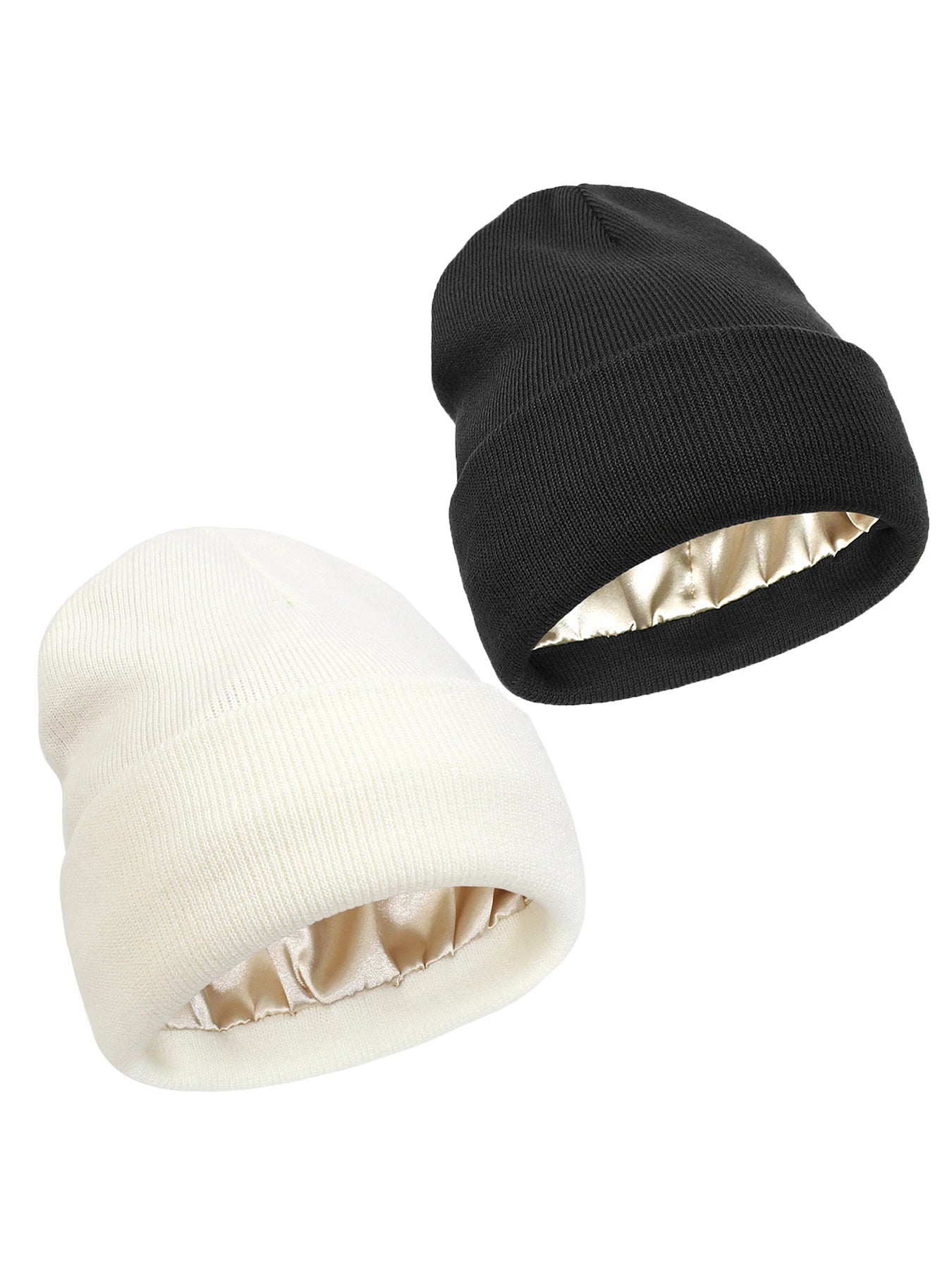 2Pcs Unisex Satin Lined Knit Beanie Hat Acrylic Winter Hats for Women Silk Lining Soft Slouchy Warm Cuffed SKullies Cap Men