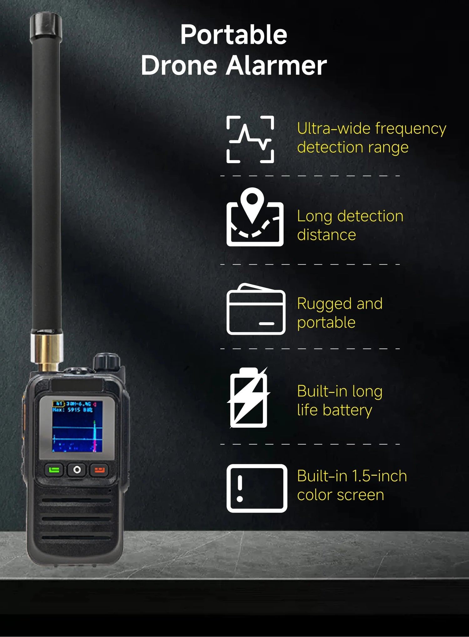 Drone Detector Anti Drone Detection 3 Language 30MHz-6.4GHz Ultra Wide Range Built-in 6000mah Battery for UAV Accurate Detection
