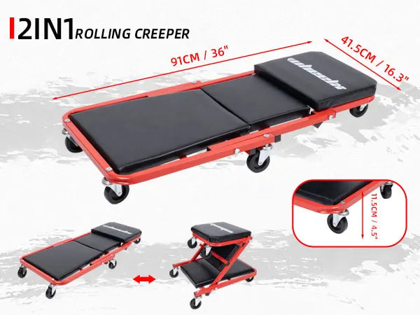3-in-1 Rolling Mechanic Creeper Z Seat, Foldable Garage Chair Lay Down Sit Lean Back, Under Car Shop Auto Repair, Red Black