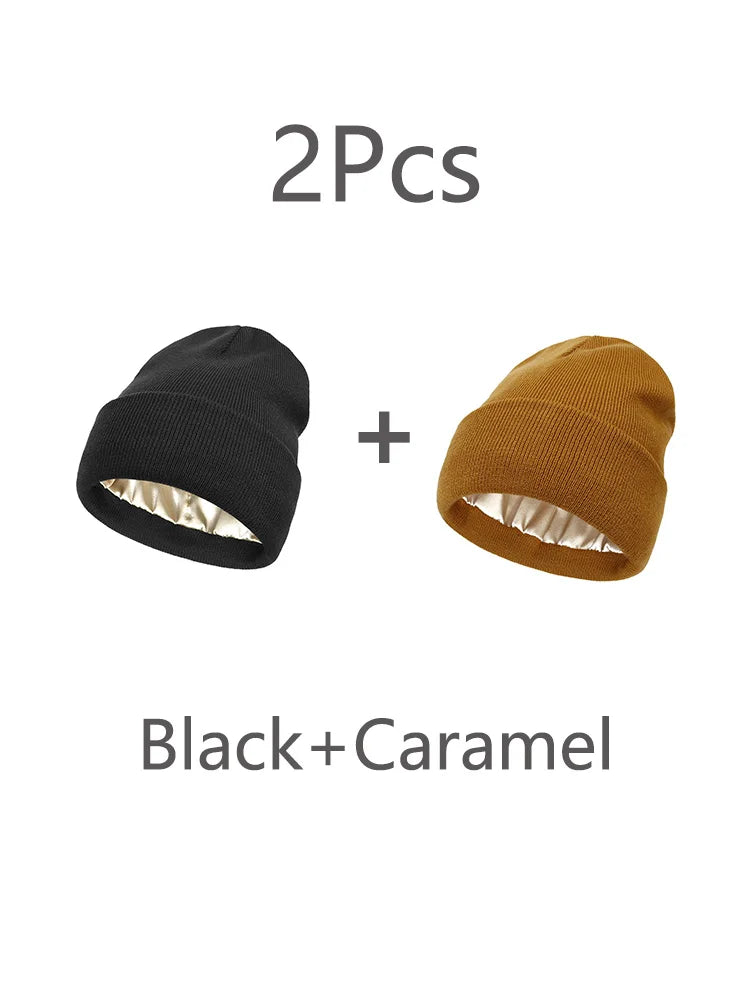 2Pcs Unisex Satin Lined Knit Beanie Hat Acrylic Winter Hats for Women Silk Lining Soft Slouchy Warm Cuffed SKullies Cap Men