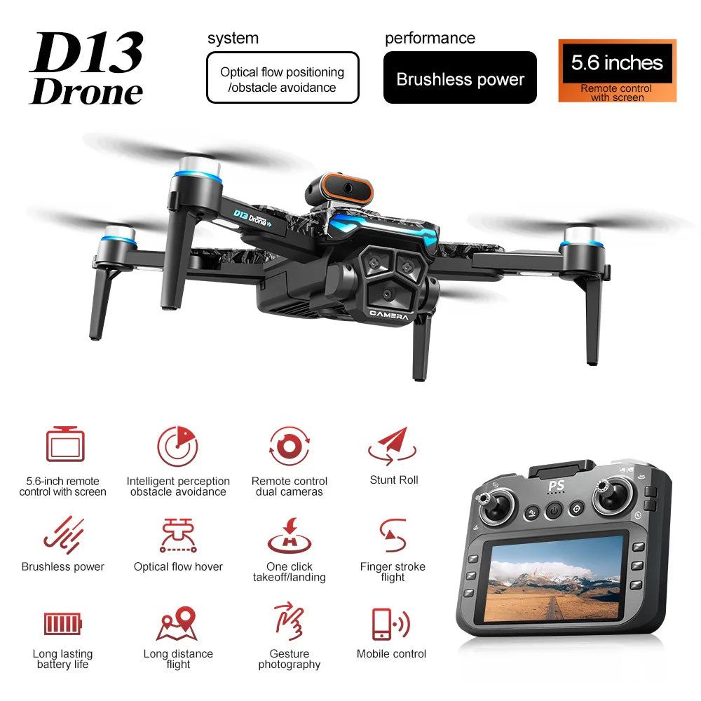 D13 Drone with 5.6-inch Screen Control Brushless Quadcopter Obstacle Avoidance Remote-controlled Aircraft Foreign Trade