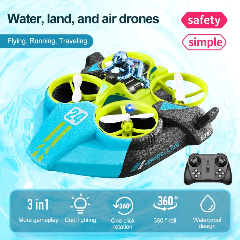 4DRC Mini RC Drone Altitude Hold Headless Mode 3 in 1 Sea Land Air Flight 2.4G Remote Control Quadcopter Boat RC Helicopter Toys