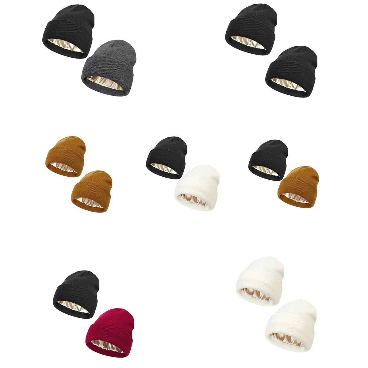 2Pcs Unisex Satin Lined Knit Beanie Hat Acrylic Winter Hats for Women Silk Lining Soft Slouchy Warm Cuffed SKullies Cap Men