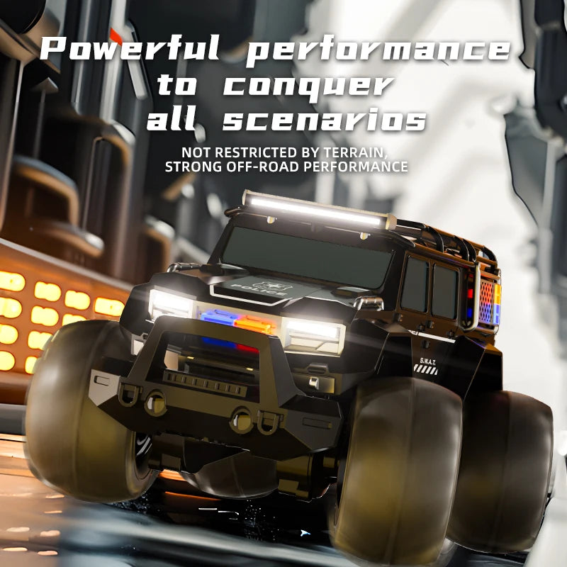 Amphibious remote-controlled off-road vehicle with four-way lighting, waterproof charging, racing car, police car, children's