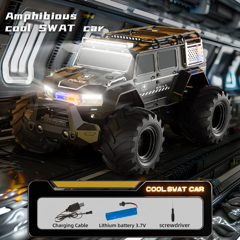 Amphibious remote-controlled off-road vehicle with four-way lighting, waterproof charging, racing car, police car, children's