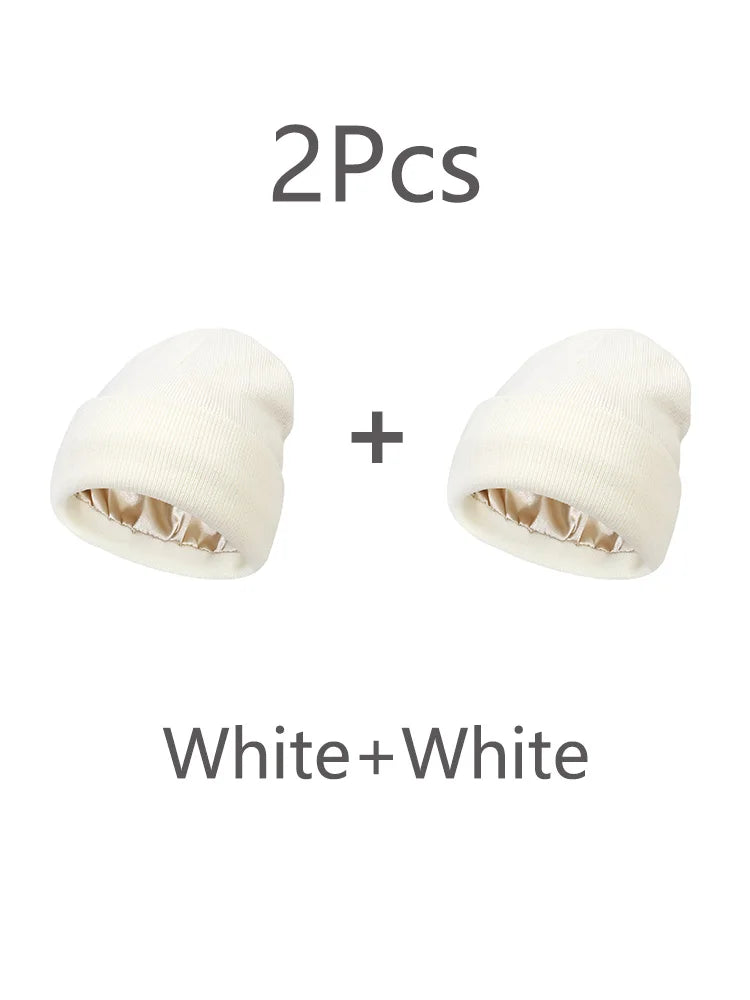 2Pcs Unisex Satin Lined Knit Beanie Hat Acrylic Winter Hats for Women Silk Lining Soft Slouchy Warm Cuffed SKullies Cap Men