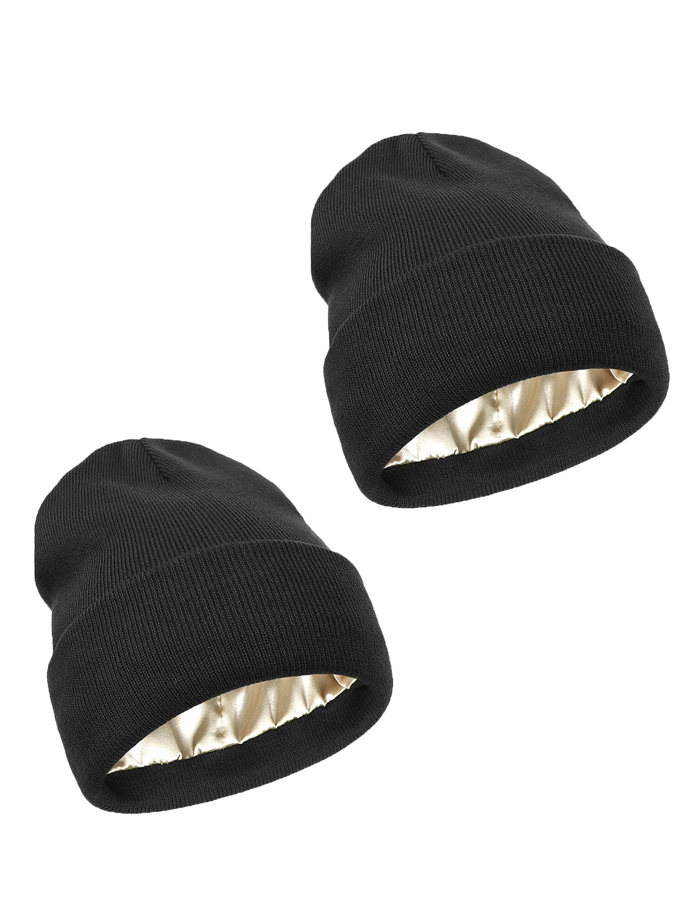 2Pcs Unisex Satin Lined Knit Beanie Hat Acrylic Winter Hats for Women Silk Lining Soft Slouchy Warm Cuffed SKullies Cap Men