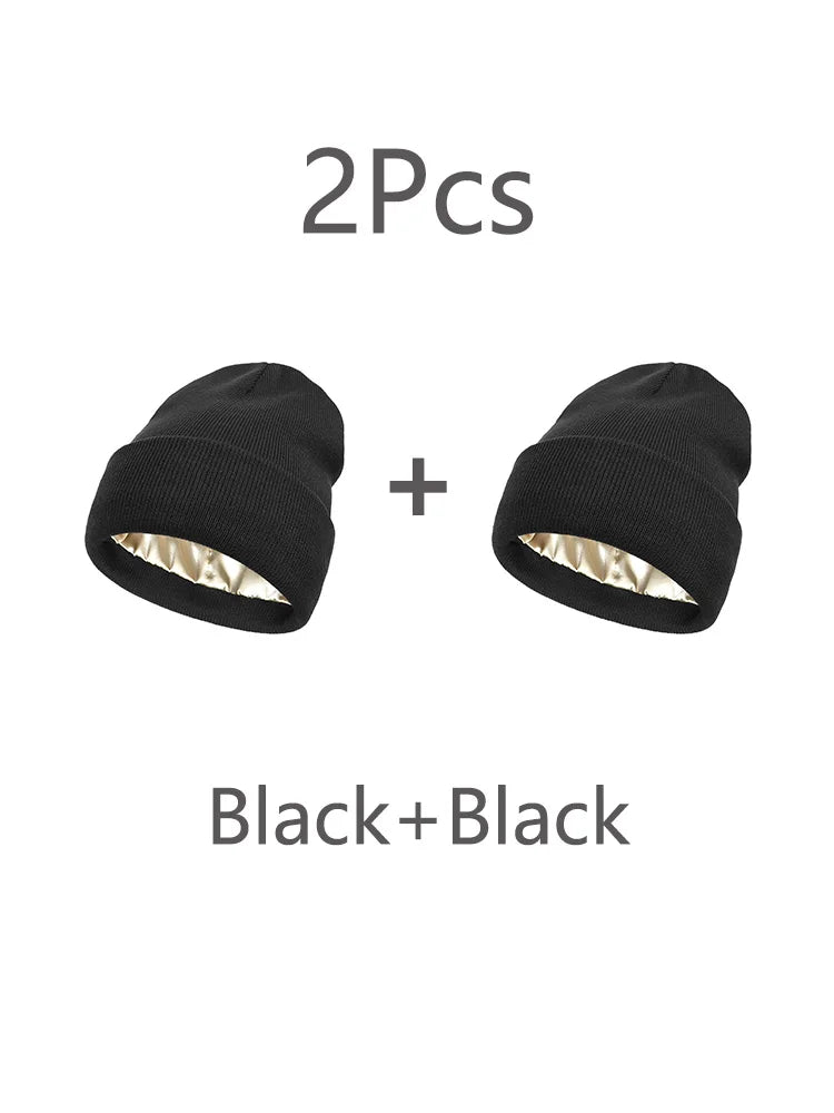 2Pcs Unisex Satin Lined Knit Beanie Hat Acrylic Winter Hats for Women Silk Lining Soft Slouchy Warm Cuffed SKullies Cap Men
