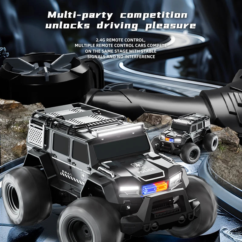 Amphibious remote-controlled off-road vehicle with four-way lighting, waterproof charging, racing car, police car, children's