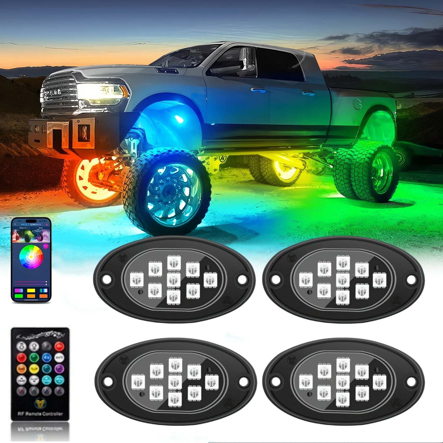 [RGB LED Rock Lights] RGB LED Rock Lights 4/6/8/10Pods | App/Remote Control, Timing & Music Mode for Trucks, ATV, RZR, UTV, SUV, Off Road, AUTO, Motorcycle - Without Battery