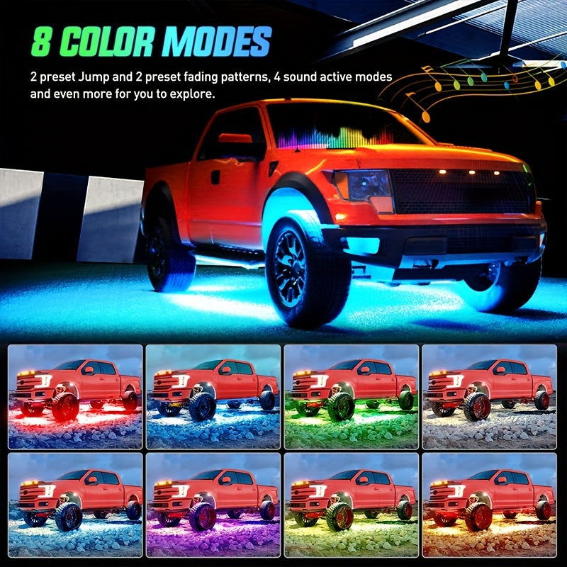 A Set Of PC Car Micro Neon Lights With LED RGB 160 Million Color Sound Function Music Mode, Car Atmosphere Light Strip Wireless Remote Control Body Light Strip, Suitable For Cars, Vans, SUVs And Trucks