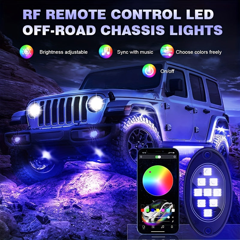 6/8/10pcs RGB LED Rock Lights - Mini Car Chassis Ambient Light with Remote Control APP Music Mode - For Trucks, ATV, UTV, SUVs, Off-road Pickups - 12-18V Car Accessories -  Enhance Car Interior Ambiance - Perfect Gift for Car