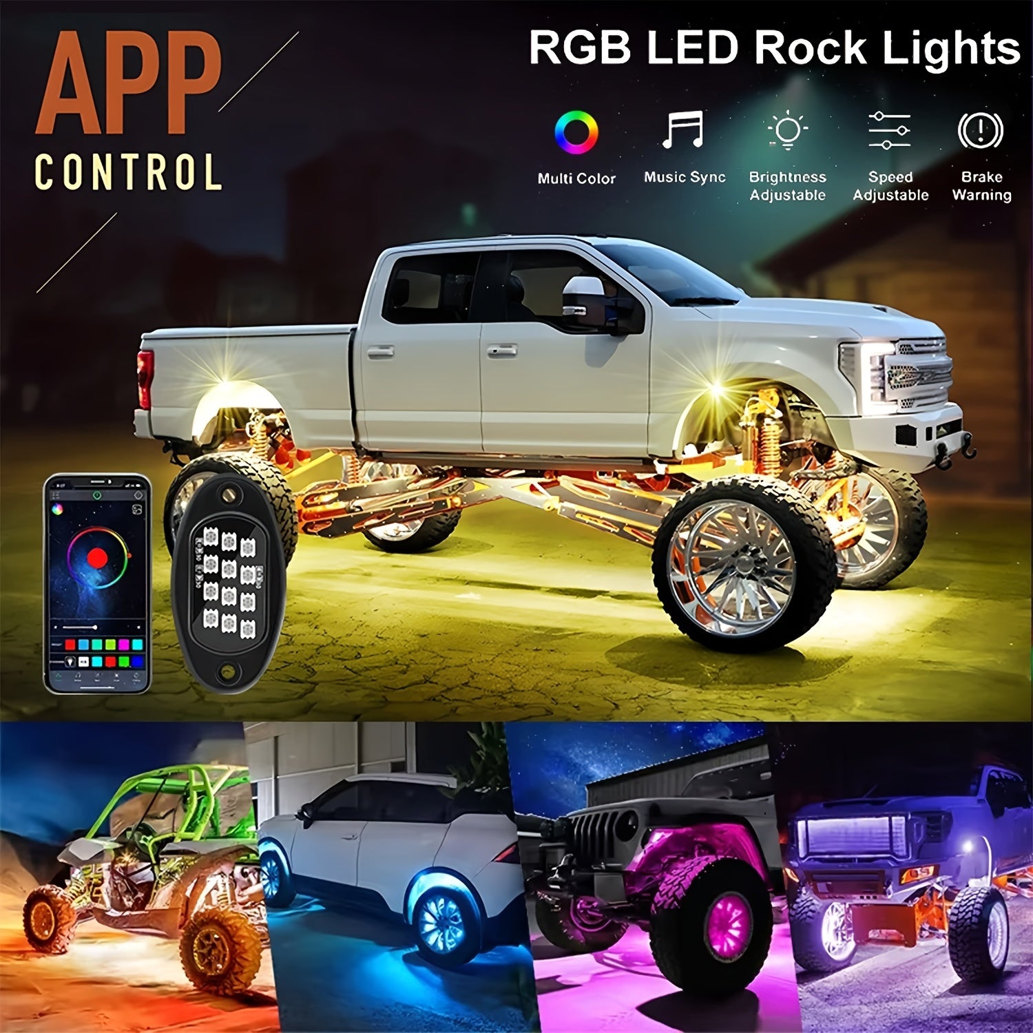 6/8/10pcs RGB LED Rock Lights - Mini Car Chassis Ambient Light with Remote Control APP Music Mode - For Trucks, ATV, UTV, SUVs, Off-road Pickups - 12-18V Car Accessories -  Enhance Car Interior Ambiance - Perfect Gift for Car