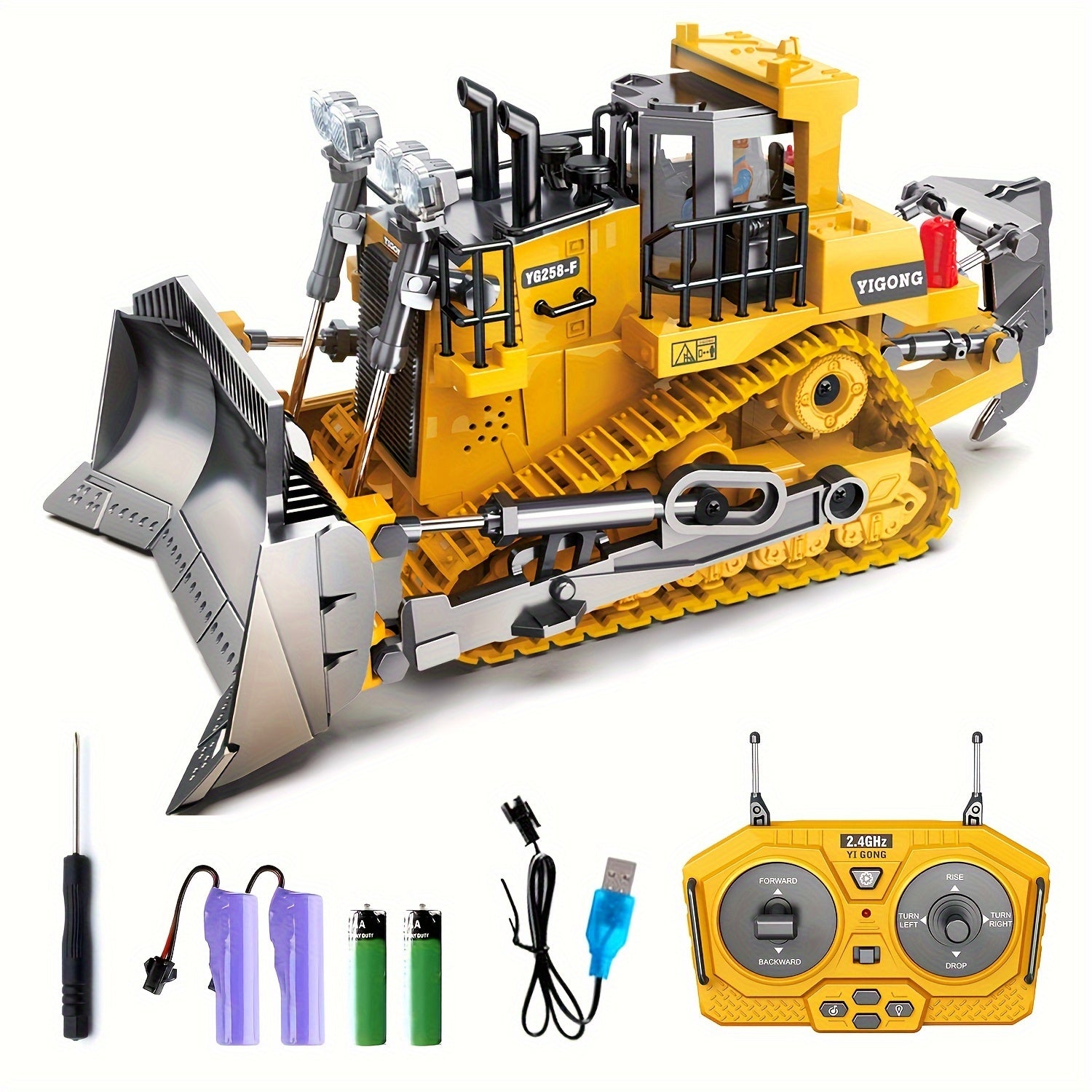 1:24 Scale Metal Bulldozer - Construction Vehicle with Eight-Channel Remote Control, LED Lights, Sound Effects - Perfect Holiday Gift for Kids