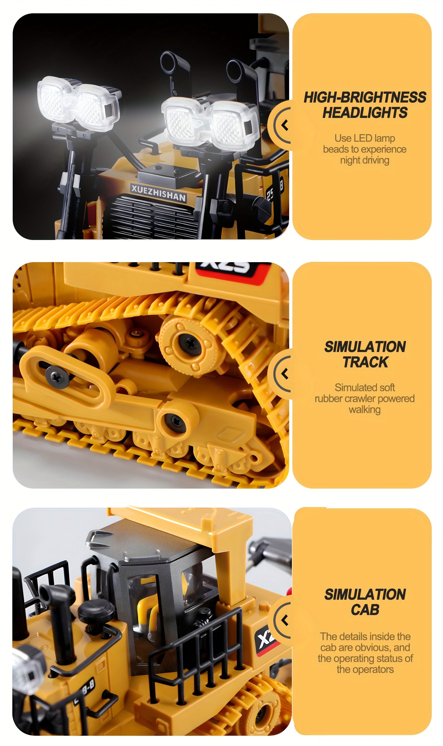 1:24 Scale Metal Bulldozer - Construction Vehicle with Eight-Channel Remote Control, LED Lights, Sound Effects - Perfect Holiday Gift for Kids