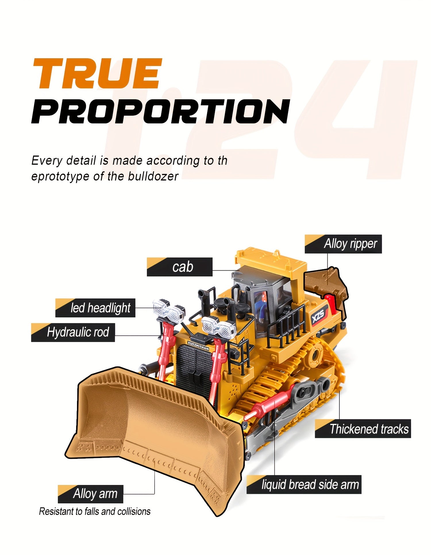 1:24 Scale Metal Bulldozer - Construction Vehicle with Eight-Channel Remote Control, LED Lights, Sound Effects - Perfect Holiday Gift for Kids