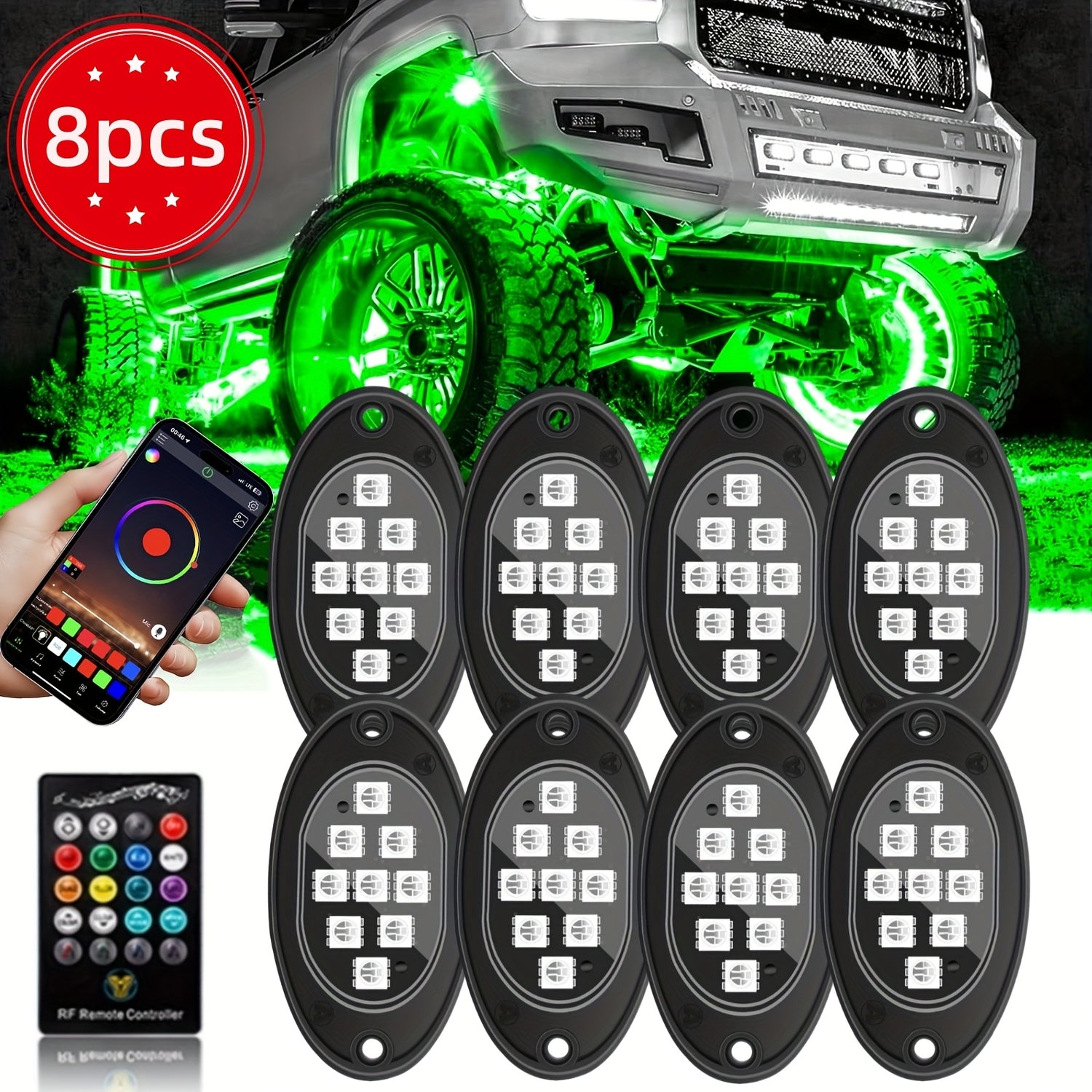 [RGB LED Rock Lights] RGB LED Rock Lights 4/6/8/10Pods | App/Remote Control, Timing & Music Mode for Trucks, ATV, RZR, UTV, SUV, Off Road, AUTO, Motorcycle - Without Battery