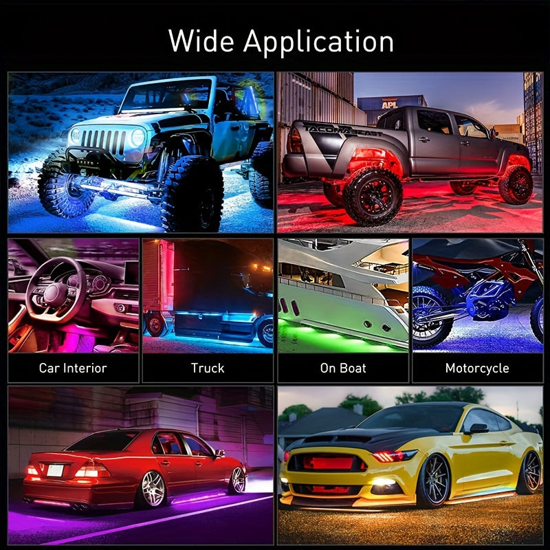 A Set Of PC Car Micro Neon Lights With LED RGB 160 Million Color Sound Function Music Mode, Car Atmosphere Light Strip Wireless Remote Control Body Light Strip, Suitable For Cars, Vans, SUVs And Trucks