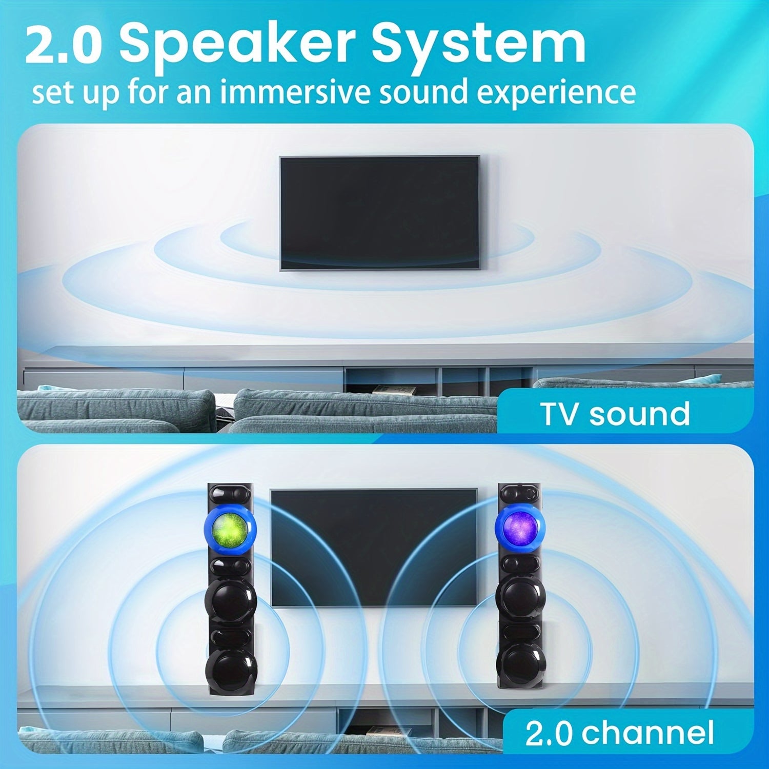 120W Powerful 2.0 Channel Surround Sound System - 1 Set Dual Speaker Home Theater, 5.25'' Woofer, 2'' Tweeter, AUX/FM/SD, Built In Micphone & Remote Control, Deep Bass In Black