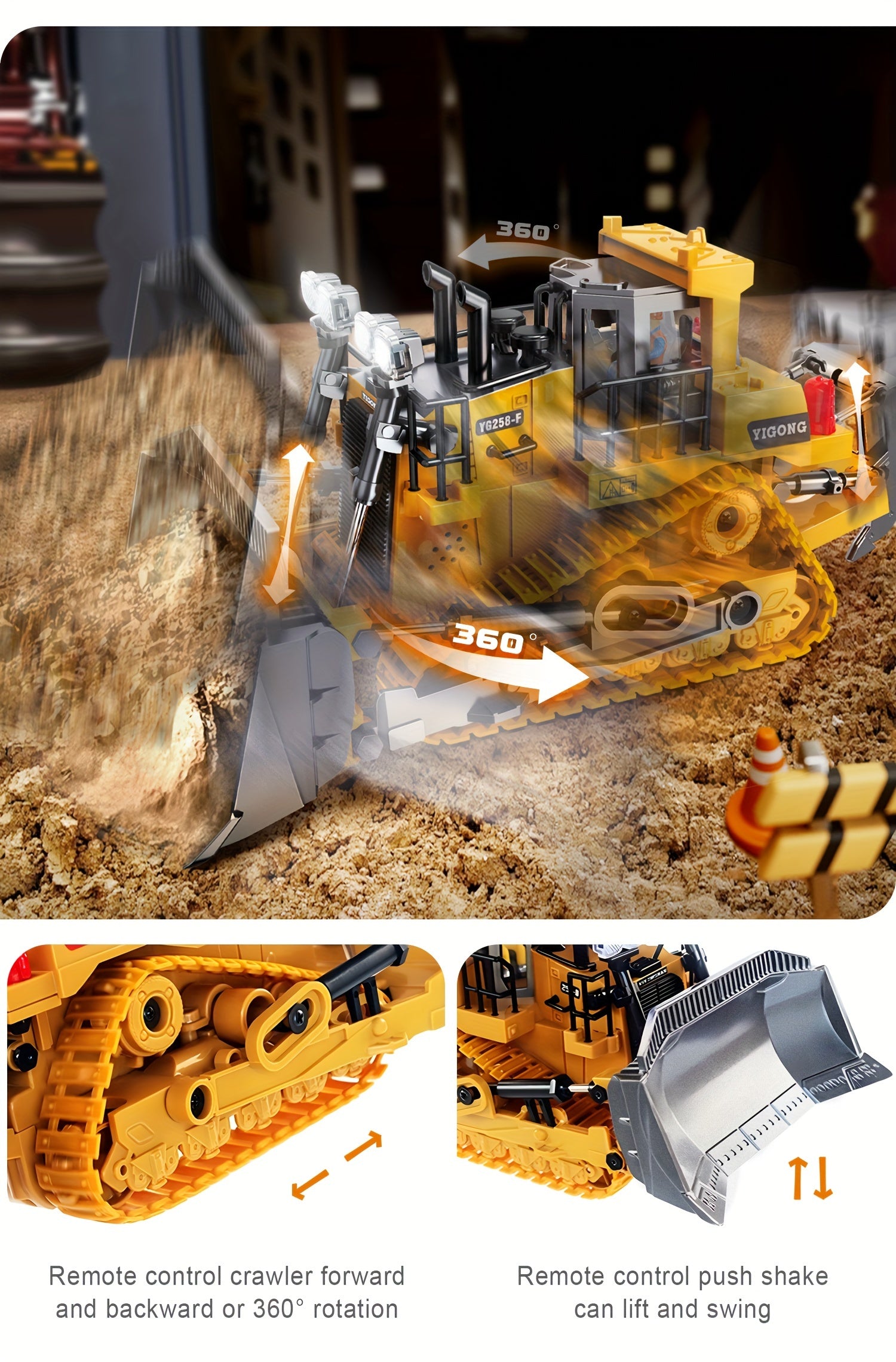1:24 Scale Metal Bulldozer - Construction Vehicle with Eight-Channel Remote Control, LED Lights, Sound Effects - Perfect Holiday Gift for Kids