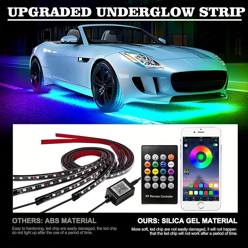 A Set Of PC Car Micro Neon Lights With LED RGB 160 Million Color Sound Function Music Mode, Car Atmosphere Light Strip Wireless Remote Control Body Light Strip, Suitable For Cars, Vans, SUVs And Trucks