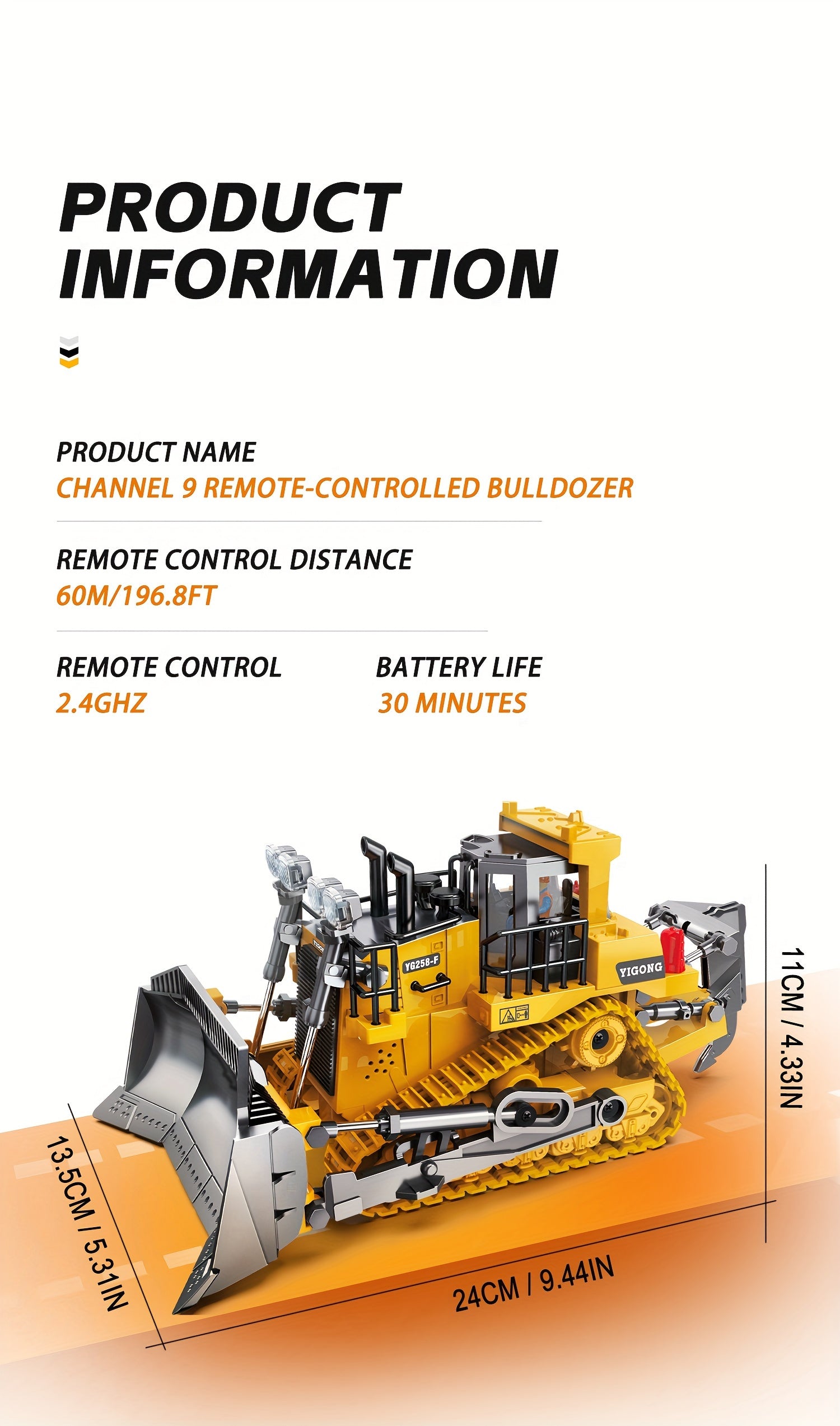 1:24 Scale Metal Bulldozer - Construction Vehicle with Eight-Channel Remote Control, LED Lights, Sound Effects - Perfect Holiday Gift for Kids