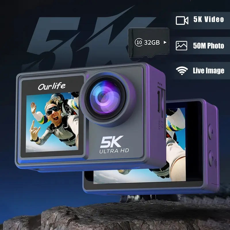 Ourlife 5K 30FPS Action Cam – 50MP Dual Screen Vlog Camera with WiFi