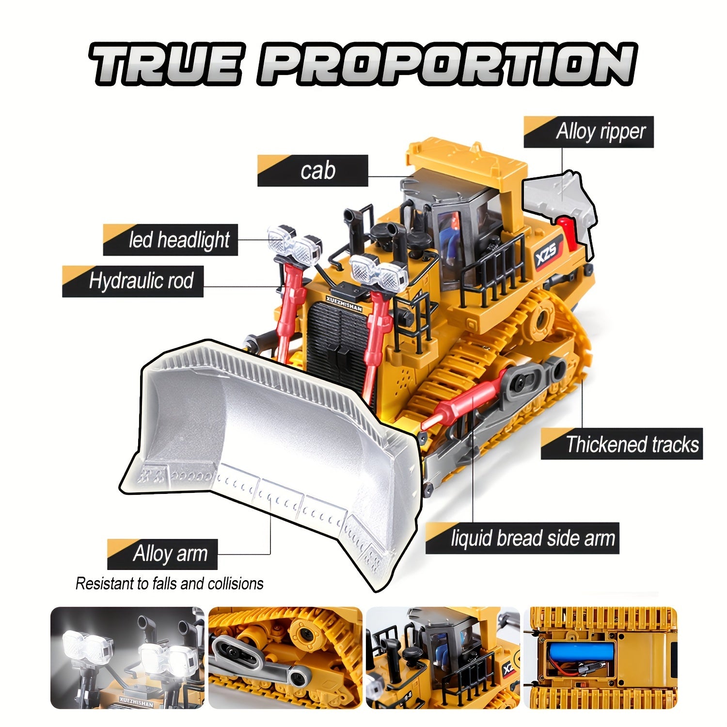 1:24 Scale Metal Bulldozer - Construction Vehicle with Eight-Channel Remote Control, LED Lights, Sound Effects - Perfect Holiday Gift for Kids