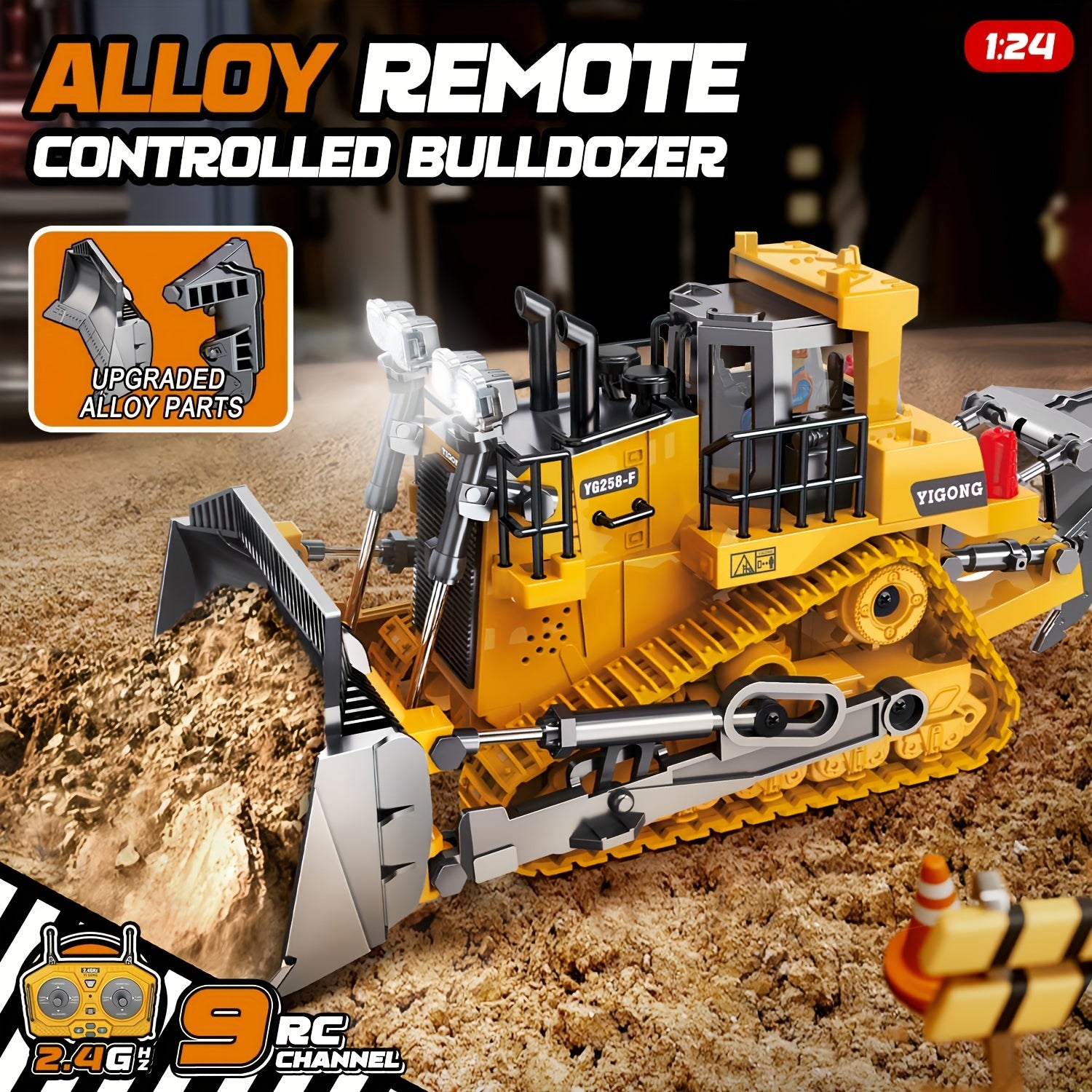 1:24 Scale Metal Bulldozer - Construction Vehicle with Eight-Channel Remote Control, LED Lights, Sound Effects - Perfect Holiday Gift for Kids