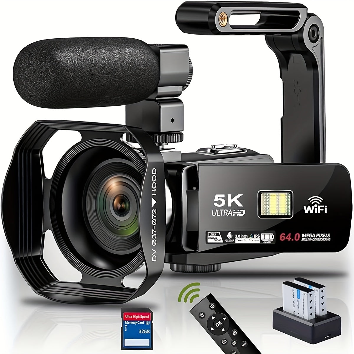 5K   64MP Camcorder IR Night Vision Vlogging  18X Zoom WiFi Digital  for  3.0'' Touch Screen Recorder  with 32GB SD Card, Microphone, 2.4G Remote Control