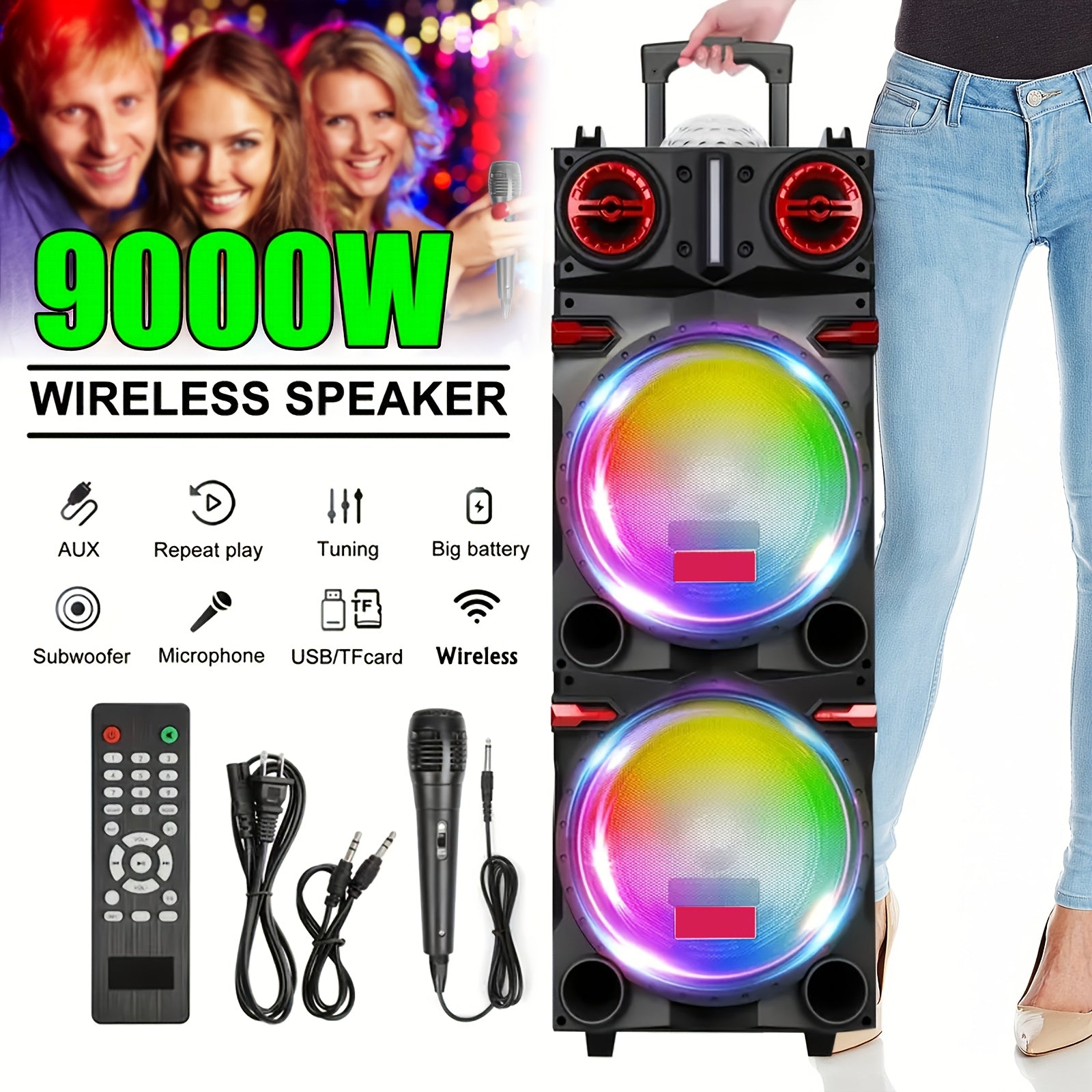 Portable Rechargeable Bluetooth PA Speaker System W/ Dual 10'' Woofer & 3'' Tweeter, 9000W Peak Power Outdoor Speaker Microphone Set, Flashing LED DJ Lights And Top Disco Ball, USB SD FM Radio AUX, Mic & Remote Control Includ